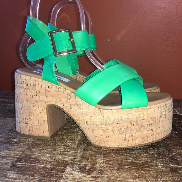 Steve Madden Palmer Platform Sandal Womens 11 Bright Green Cork Chunky Retro 70s - Picture 3 of 10